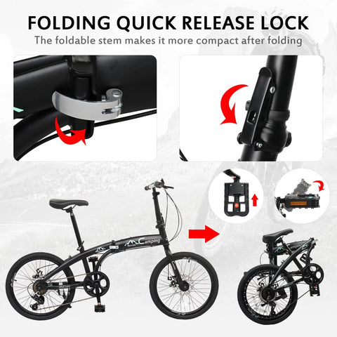 20 Inch Folding Bike With 7 Speed Shimano System Ready To Ride 100 Percent Assembled Dual Disc Brakes Fork Suspension High Carbon Steel Frame Non Slip Tires Adjustable Saddle Black And Green Ideal Commuter Foldable Ride with quick release lock