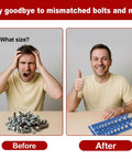 Comparison of a frustrated man with bolts and a happy man using 59 Nut And Bolt Thread Checker with Full Size Bolt and Nut Sizer Gauge.