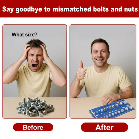 Comparison of a frustrated man with bolts and a happy man using 59 Nut And Bolt Thread Checker with Full Size Bolt and Nut Sizer Gauge.