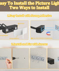 Easy installation guide showing Slick Battery Operated Picture Light For Wall In Bold Black With Seamless RF Remote Control options.