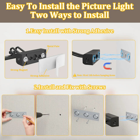 Easy installation guide showing Slick Battery Operated Picture Light For Wall In Bold Black With Seamless RF Remote Control options.