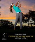 Female golfer swinging at sunset, promoting lightweight golf rangefinder with 6x20 optics, 800-yard range, rainproof feature.