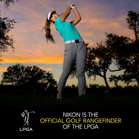 Female golfer swinging at sunset, promoting lightweight golf rangefinder with 6x20 optics, 800-yard range, rainproof feature.