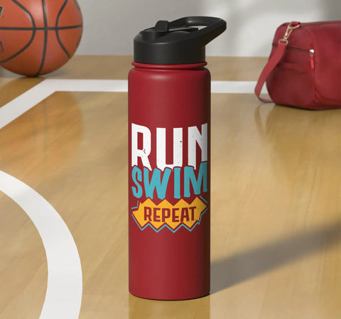 Red Swim And Run Insulated Stainless Steel Water Bottle For Aquathlon Training Keeps Drinks Cold Or Hot on gym floor