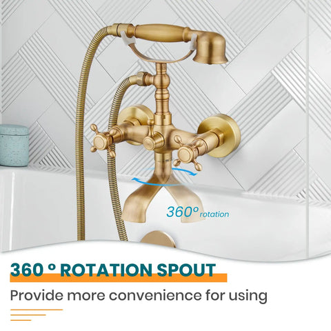Wall Mount Clawfoot Bathtub Faucet With Handheld Spray And 360 Degree Swivel Spout Vintage Antique Brass Finish