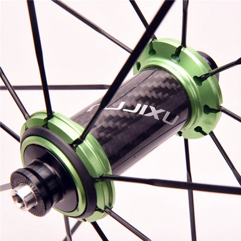 Close-up of carbon fiber tube hub on 700C Road Bike Wheelset Ultralight 40mm Aluminum Rim Reflective Finish With Carbon Fiber Tube Hub