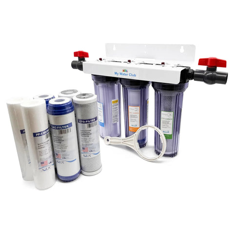 Whole House 3-Stage Water Filtration System With Three Quarter Inch Port, Dual Valves, And Extra One Year Filter Supply shown with filters