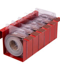 Modular Sandpaper Dispenser For Dedicated Woodworkers Includes Six Aluminum Oxide Rolls, featuring red organizer with clear slots and rolls.