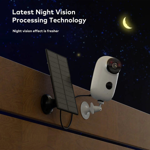 Solar Powered Wireless Outdoor Security Camera With 365 Day Power PIR Motion Detection Alarm Alerts SD Card Slot Two Way Audio 2.4G WiFi 5000mAh Battery For Year Round Surveillance mounted on a wall with solar panel at night.