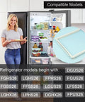 Woman in kitchen with open refrigerator, highlighting Replacement Meat Pan Glass Crisper Cover Frame For Frigidaire Refrigerator Shelf.