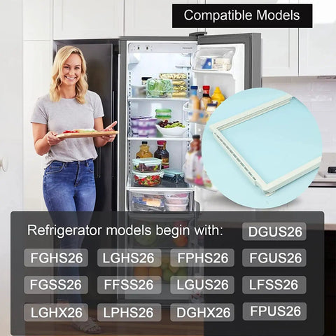 Woman in kitchen with open refrigerator, highlighting Replacement Meat Pan Glass Crisper Cover Frame For Frigidaire Refrigerator Shelf.