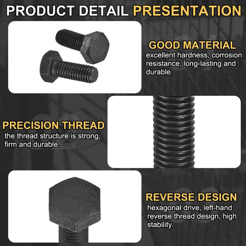 Two M8 1.25 X 20mm Left Hand Hex Head Bolts Black Oxide Carbon Steel Reverse Thread Fastener shown from different angles.