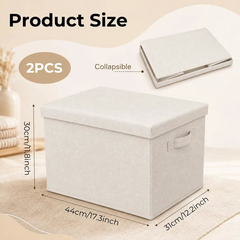 Hardcore Cotton Linen Storage Bins With Lids Decorative Closet Containers, beige, 44 x 30 x 31 cm, collapsible, pack of 2.
