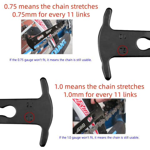 All In One Bike Chain Breaker Tool Set for 1 to 12 Speed Chains Includes Chain Pliers and Wear Indicator shown in use with chain wear gauge
