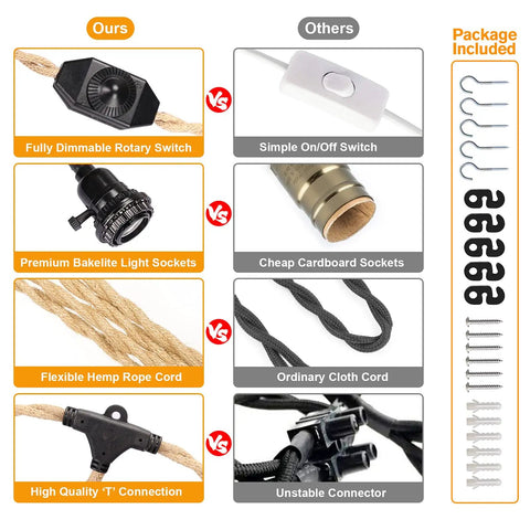 Comparison chart of Pendant Light Cord Kit With Stepless Dimmer 28.5ft Plug In Hanging Light features vs. others