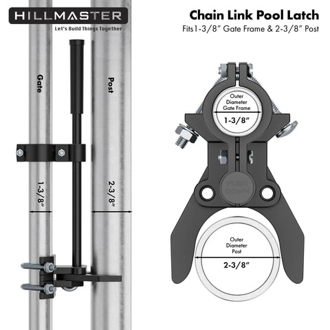 Heavy Duty Auto Pool Gate Latch With Snappy Spring Closer And Easy Push Release For Child Safe Chain Link Fences showing size measurements.