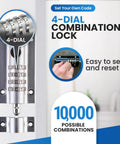 CB2000-CHR Sliding Lock Combination Bolt With Keyless Security, Chrome Finish, 4-dial mechanism, close-up view with labels.