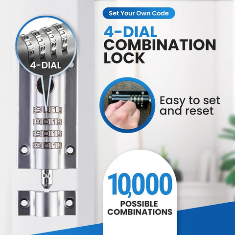 CB2000-CHR Sliding Lock Combination Bolt With Keyless Security, Chrome Finish, 4-dial mechanism, close-up view with labels.