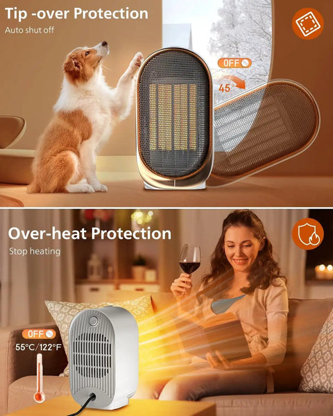 Portable Mini Space Heater With 1000W Heating in action with tip-over and overheat protection, featuring a purple design.