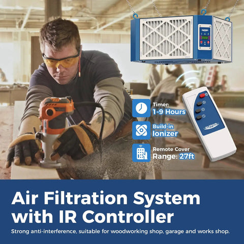 Rock Solid 360 Degree Intake Air Filtration System With 1350 CFM Vortex Fan Built Ionizer No Fuss Woodworking Shop Dust Collector Garage Cleaner And Home Workshop Spotless Solution in use by a woodworker.