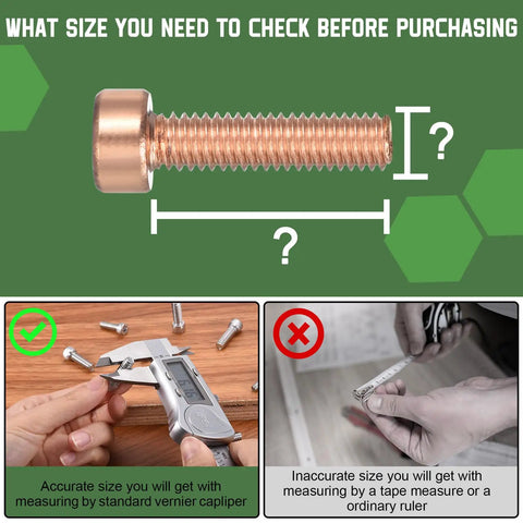 Premium Durable Red Copper M8x16 Metric Hex Socket Cup Cap Screws 8 Pack, showing measurement guidance for precision fitting.