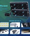 Beastly 600W Outdoor LED Flood Lights 2 Pack with efficient heat dissipation design and waterproof, adjustable angles.
