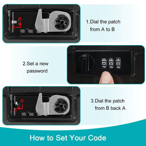 Instructions on setting the code for Go To Secure Combination Lock Box For Personal Items With Large Capacity in Black 11.4 by 9 by 7.5 Inches.