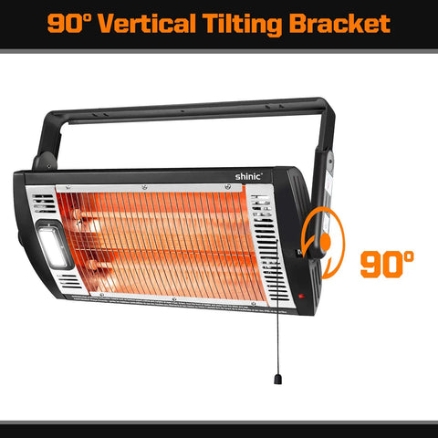 Indoor Electric Garage Heater With Ceiling Mount Radiant Quartz Heating 1500W Or 750W Work Light 90 Degree Rotation