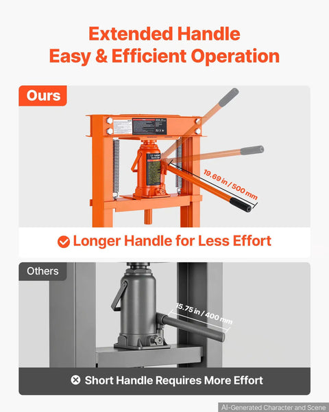 Rock Solid 12 Ton H Frame Shop Press Built Tough As Nails With Smooth Hydraulic Bottle Jack showing extended handle for easy operation.