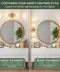 Modern Wall Sconce, Hardwired Wall Lamp for Bedroom Hallway Bathroom, Gold above and beside a round mirror in a vanity setup.