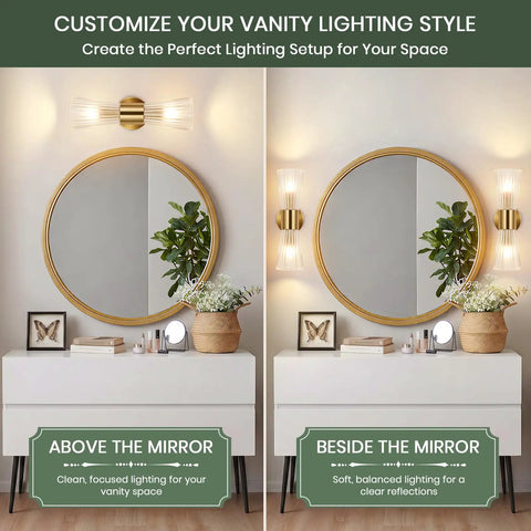 Modern Wall Sconce, Hardwired Wall Lamp for Bedroom Hallway Bathroom, Gold above and beside a round mirror in a vanity setup.