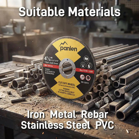 Bulk 100 Pack 4.5 Inch Cut Off Wheels for Angle Grinder Pro Grade Thin Metal and Stainless Steel Cutting Discs on workshop table.