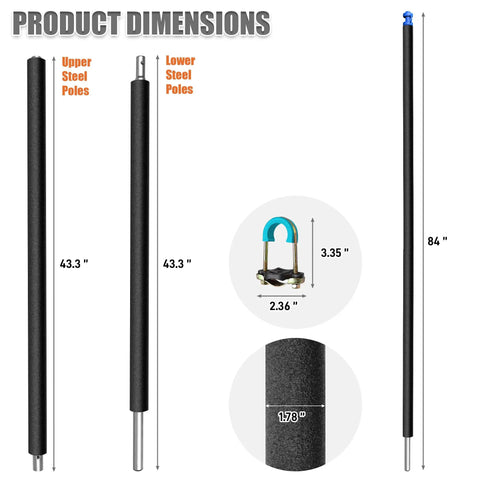 Heavy Duty 6 Pack Trampoline Replacement Poles With Hardware Universal Fit dimensions showing upper and lower black galvanized steel poles.