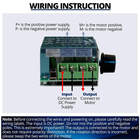 Wiring instructions for Heavy Duty Pwm Dc Motor Speed Controller Handles Seven To Seventy Volts And Thirty Amps With Adjustable Knobs.