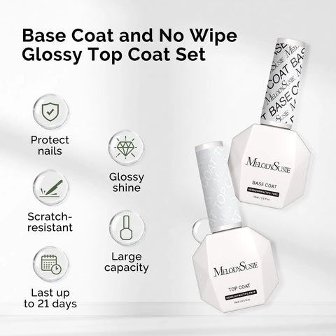 HEMA Free Gel Polish Base Coat And Top Coat Set with visual benefits outlined, includes protect nails, glossy shine, and long-lasting.