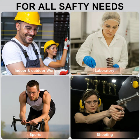Collage of people wearing 36 Pack Clear Safety Glasses For Men And Women, Scratch And Impact Resistant Eye Protection with ANSI Z87.1 Certification