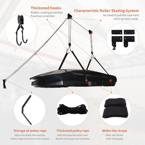 Heavy Duty Ceiling Hoist System For Garage Storage With Aluminum Construction, 125 Lb Capacity Overhead Lift For Cargo Boxes