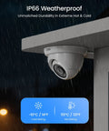Weatherproof dome camera mounted outdoors in rain, part of Next Level AI Motion Alerts 8 Channel 1080p Weatherproof Dome Home Surveillance System.