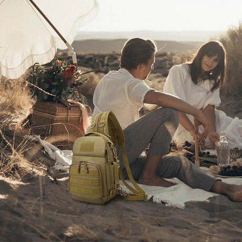 Camouflage Large Capacity Backpack For Outdoor Fishing And Camping with Durable Oxford Cloth on beach picnic scene