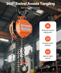 Close-up of 1 Ton Hand Chain Hoist With 10 Ft Lift Galvanized G80 Chain Heavy Duty Manual Pulley Hoist for garage use.