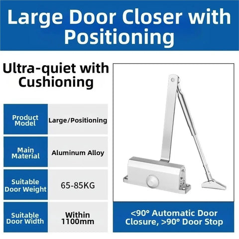 Door Closer Mute Soft Close With 90 Positioning Left Aluminum Alloy Silver Fits 25-85KG Doors Up To 1100mm Wide displayed product specs