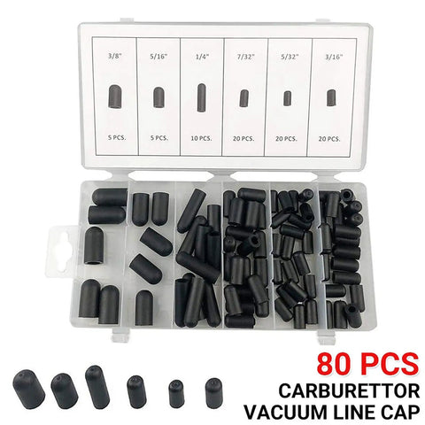 Super Handy 80-Piece Rubber Vacuum Plugs And Hose End Caps Kit With Assorted Sizes For Carburetors, Manifolds, And Automotive Hoses Made From Durable Flexible Silicone That Resists Heat And Lasts Long. 80-piece silicone vacuum plug kit in assorted sizes, labeled case