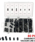 All-Purpose Vacuum Hose Caps Kit 80-Piece 6-Size Rubber End Caps in case with labels showing different sizes for hoses and connectors