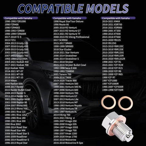 Magnetic M14 X 1.5 Oil Drain Plug Kit With Stainless Steel Pan Bolt And 2 Gaskets For Most Cars, compatibility list shown.