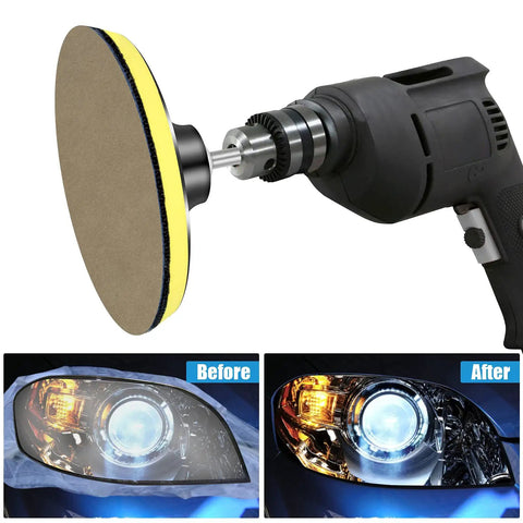 Water Grit Sandpaper Kit With 5 Inch Backing Pad for Wet And Dry Grinding shown with drill and headlight before/after results