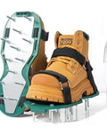 Heavy Duty Metal Lawn Aerator Shoes with 3/4-Inch Spikes, rugged aluminum plate and anti-slip sole, shown with boot.