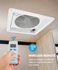 14 Inch RV Vent Fan 12V Camper Roof Exhaust With Smart Auto Temp Sensor, showing remote control functionality.