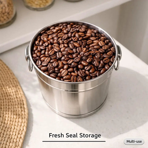 Heavy Duty 304 Stainless Steel Milk Can And Water Jug With Secure Airtight Lid Freestanding Drink Dispenser filled with coffee beans.