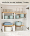 Stackable Cabinet Organizer Shelves Set Of 4 Hella Super Convenient Kitchen Pantry Storage That Hits Different As A Sleek Countertop Spice Rack showing stacked dishes, cups, and storage in a cabinet.
