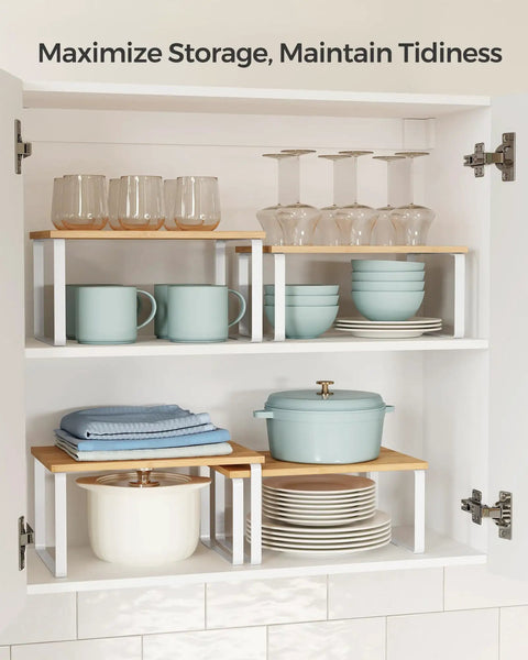 Stackable Cabinet Organizer Shelves Set Of 4 Hella Super Convenient Kitchen Pantry Storage That Hits Different As A Sleek Countertop Spice Rack showing stacked dishes, cups, and storage in a cabinet.